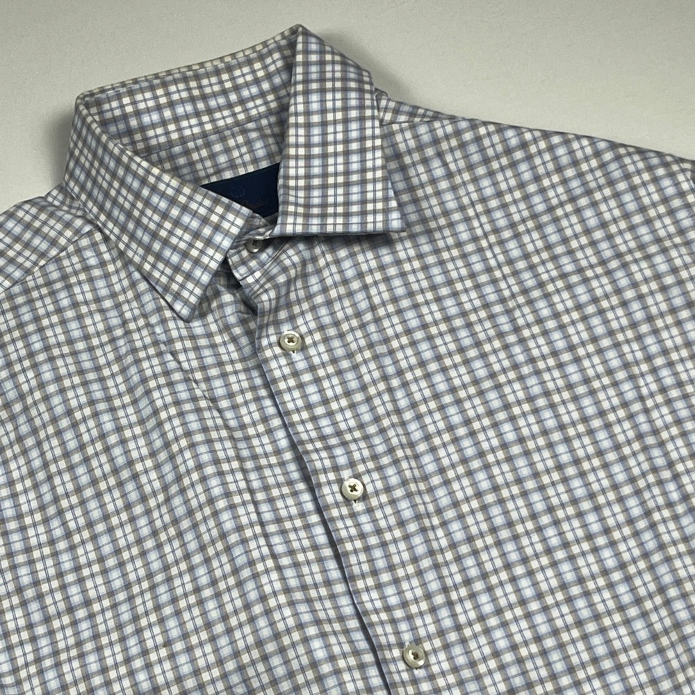 David Donahue Trim Fit Dress Shirt 17 32/33 Blue Tan Plaid Cotton Long Sleeve
